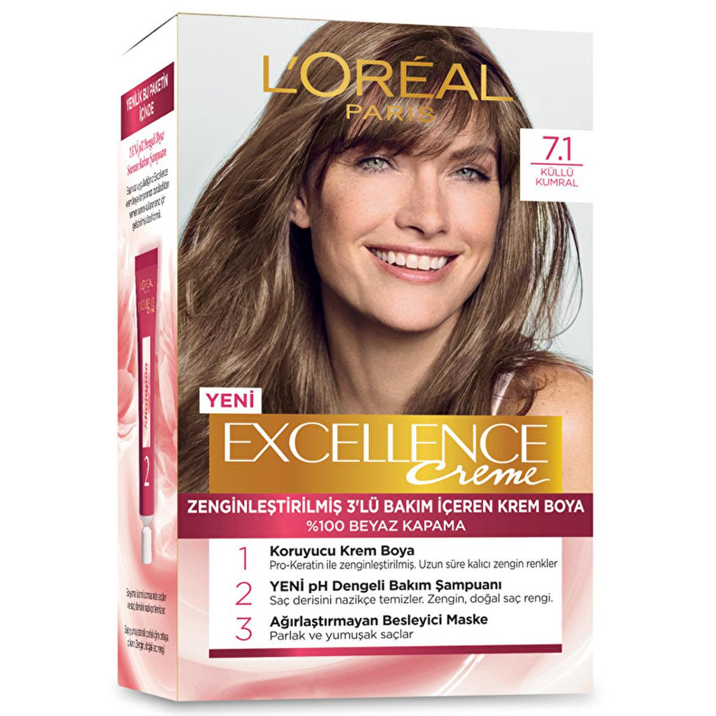 Loreal Paris Excellence Creme Hair Dye - 7.1 Küllü Kumral - Nourishing Permanent Hair Color for At-Home Use