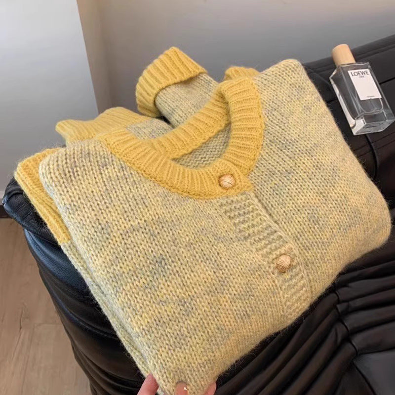 Chic Yellow Short Knit Cardigan for Women, Thick Cozy Style, Loose Fit, Petite Size, Autumn and Spring Wear