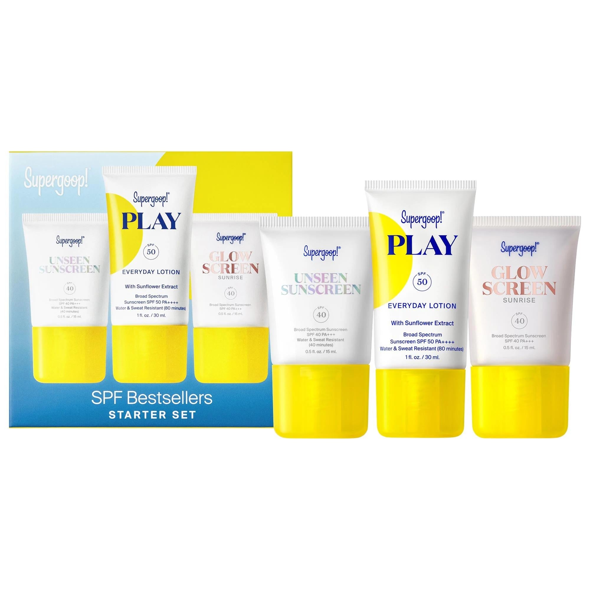 SPF Bestsellers Starter Set - Vegan, Cruelty-Free Sunscreen Kit with Unseen Sunscreen, PLAY Lotion & Glowscreen
