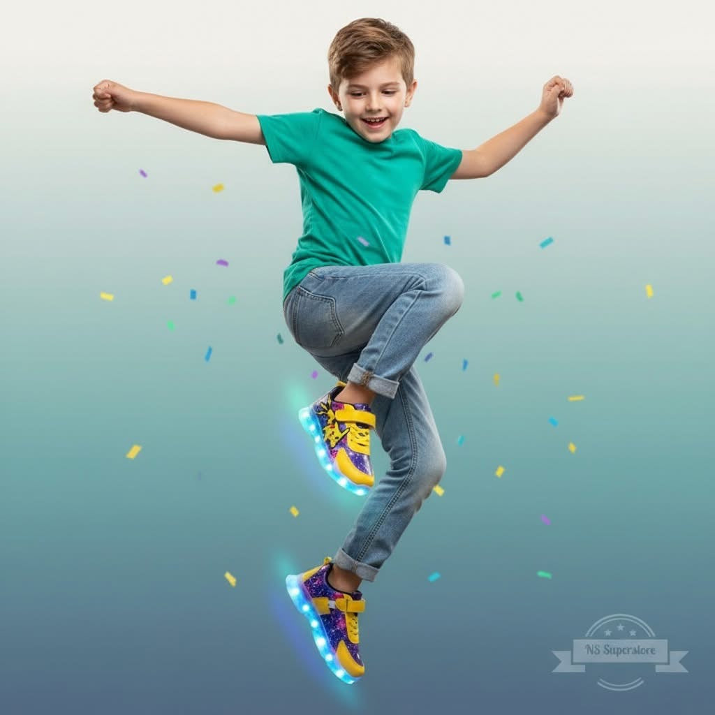 Kid’s Casual Shoes Boys Rechargeable Cartoon PU Leather Spring Fashion Flat Bottom Anti-slip Sneakers Yellow Size 25-36