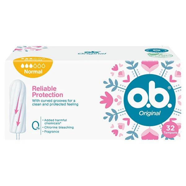 O.B. Tampon Original 32 Count Normal Absorbency - Gynecologically Tested, Chemical-Free Menstrual Hygiene Products for Women