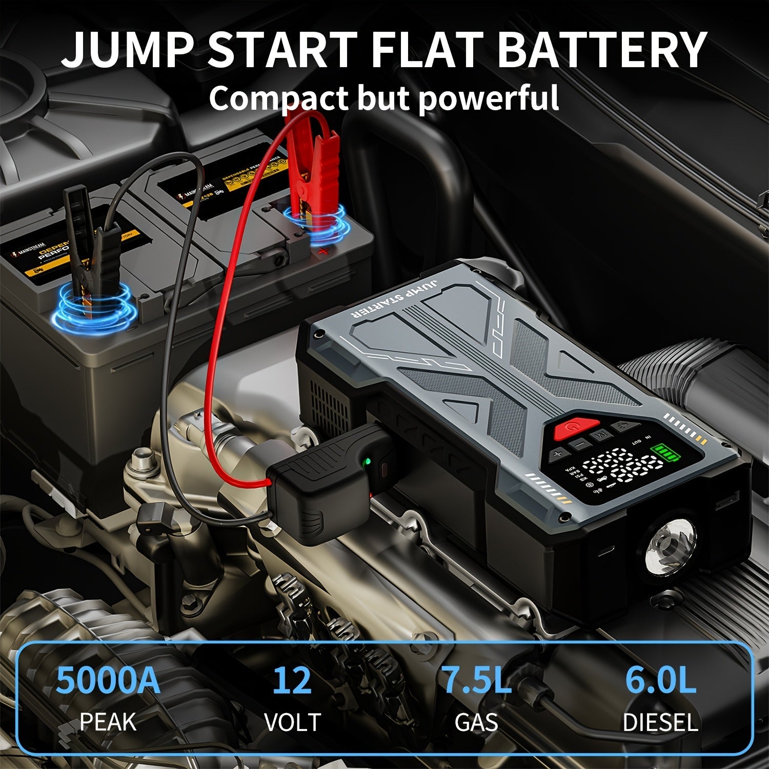 9-in-1 Portable Jump Starter with Air Compressor 12V Car Battery Booster USB LED