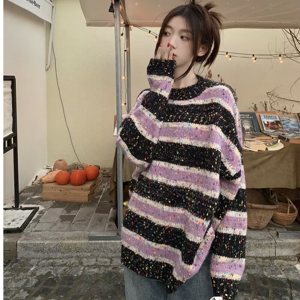 Retro Striped Round Neck Sweater