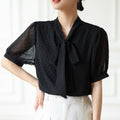 Bow Lace-up Polka Dots Short Sleeve Top