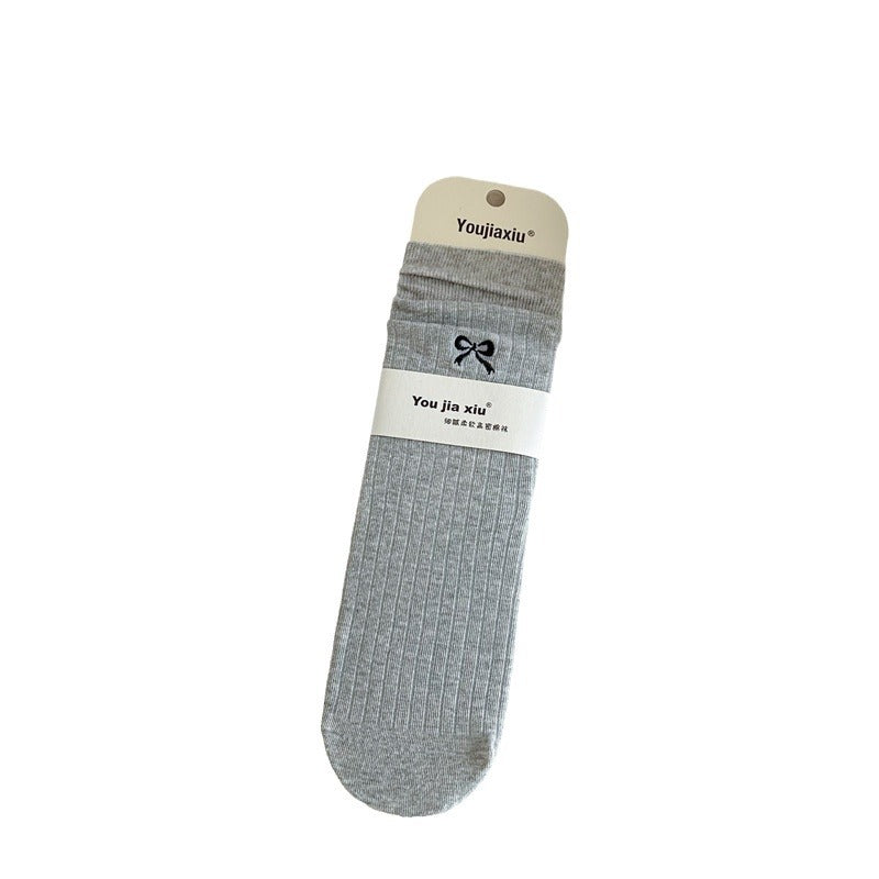 Solid Color Bow Embroidery Mid-calf Length Loose Socks