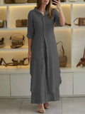 Slim-Fit Cotton Linen Long Shirt Wide-Leg Pants Suit