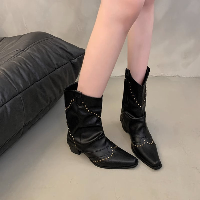Retro V Cut Pointed Toe Pantyhose Boots