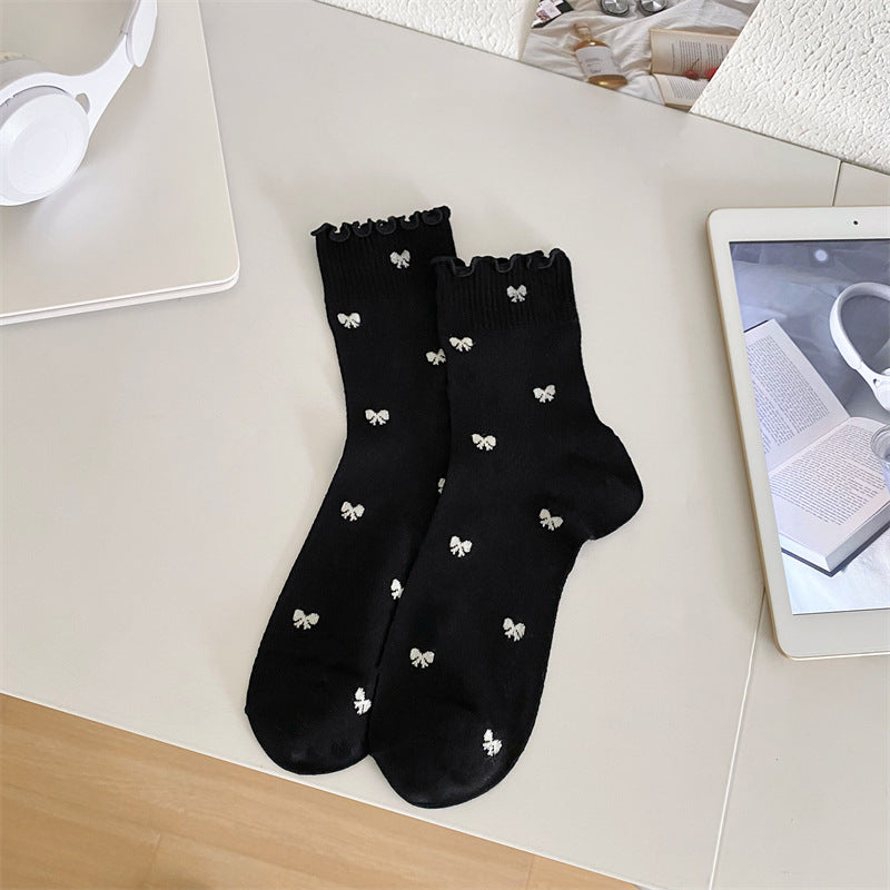 Black and White Lace Openwork Mid-Calf Socks