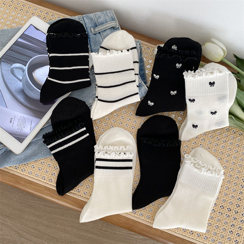 Black and White Lace Openwork Mid-Calf Socks