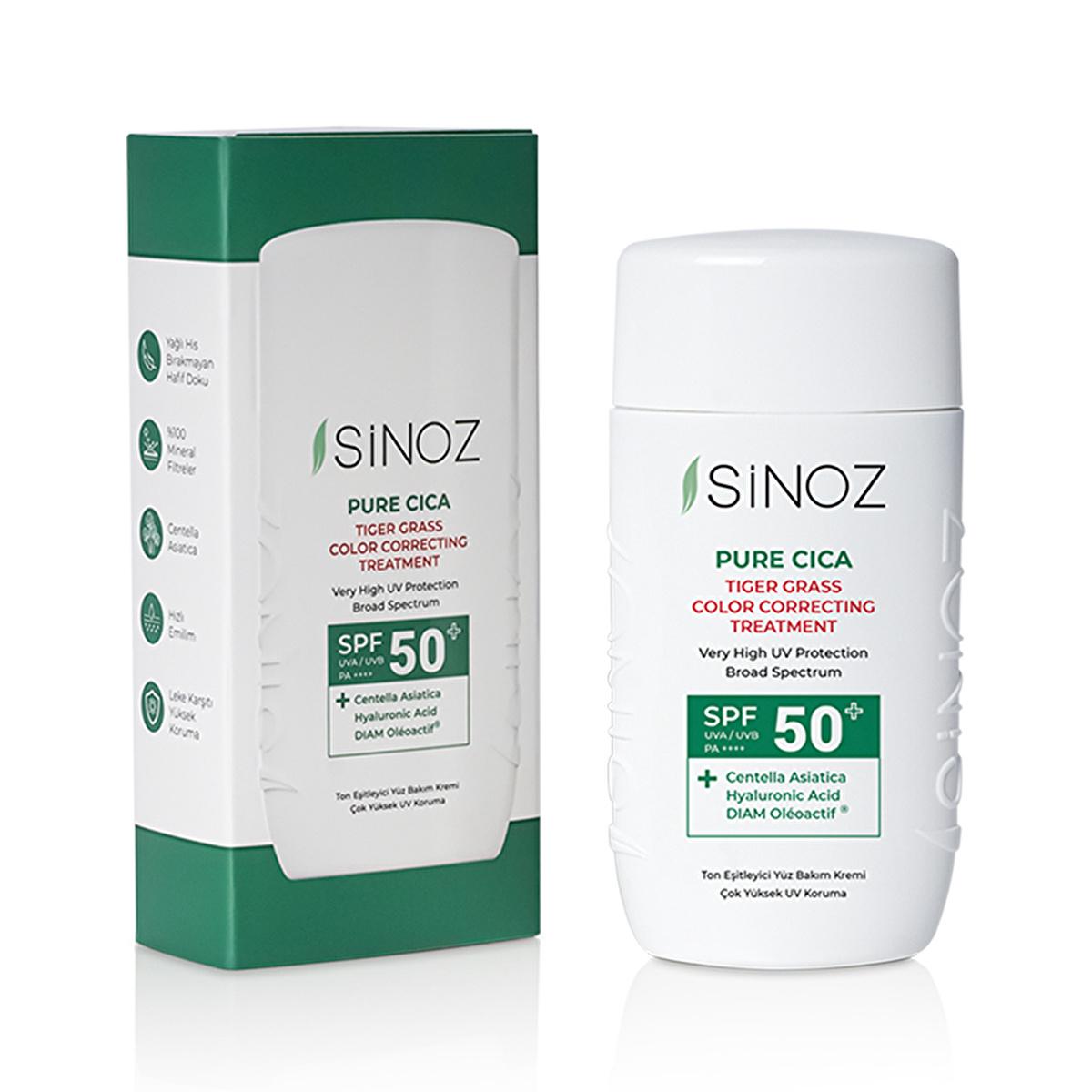 Sinoz Cica Tiger Grass Tinted Sunscreen SPF50+: Color Correcting, Redness Reducing Mineral Sunscreen with Hyaluronic Acid - Evens Skin Tone