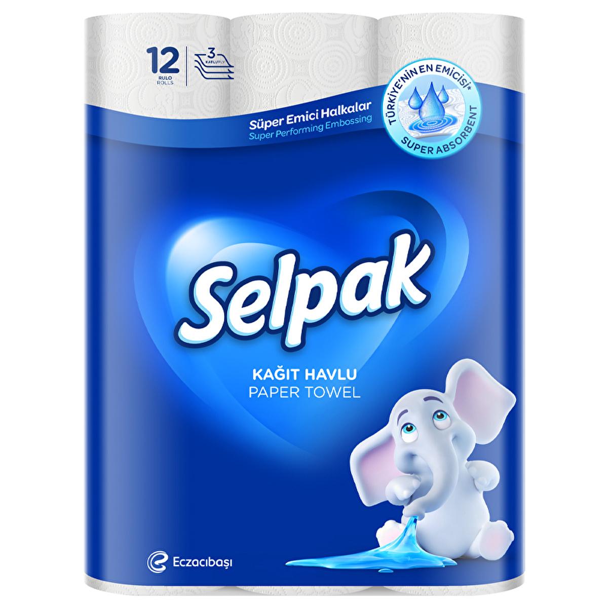 Selpak: Strong & Absorbent 3-Ply Paper Towels - 12 Rolls - Durable, Efficient Cleaning for Kitchen & Home