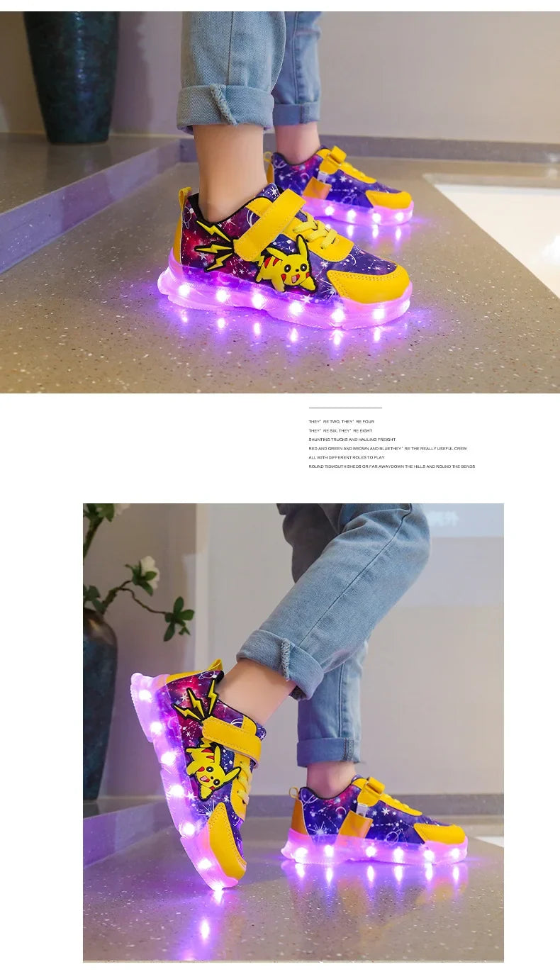 Kid’s Casual Shoes Boys Rechargeable Cartoon PU Leather Spring Fashion Flat Bottom Anti-slip Sneakers Yellow Size 25-36