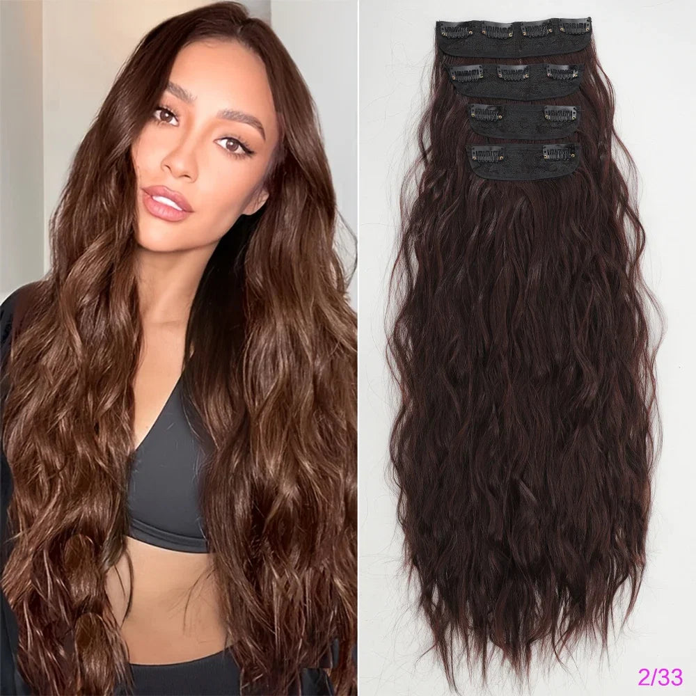 Voluminous Brown-Blonde Clip-In Extensions: 60.96 cm Wavy & Curly Synthetic Hair Set