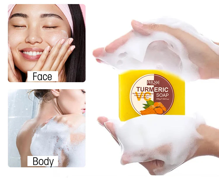 AILKE Natural Turmeric Bath Soap for Face, Body, Hands, Lightening, Cleaning, Even Skin Tone, Anti Dark Spots and Acne, 200g