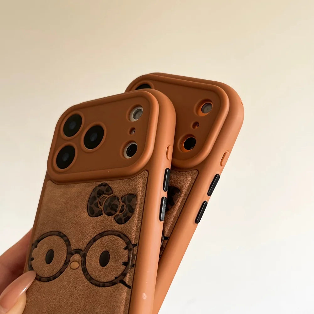 Brown Cute Leather Leopard Print Glasses KT Phone Case Suitable For iPhone 14 Pro 15 16 17 Pro Max Shockproof Protective Case