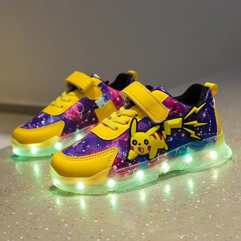 Kid’s Casual Shoes Boys Rechargeable Cartoon PU Leather Spring Fashion Flat Bottom Anti-slip Sneakers Yellow Size 25-36
