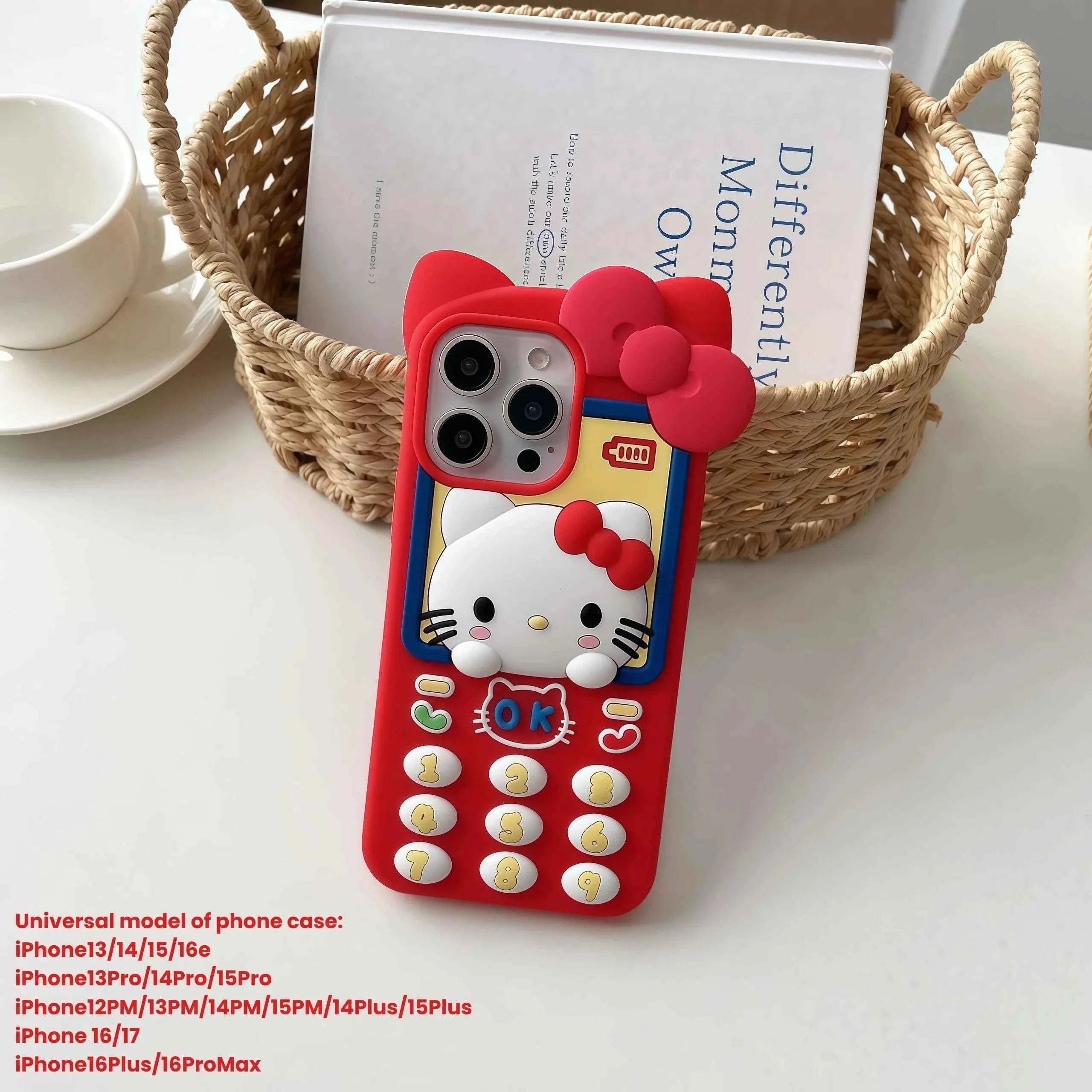 Cute 3D Telephone Hello Kitty Phone Case for iPhone 17 16 15 14 13 Pro Max Plus 17 Pro Cartoon Soft Silicone Cover with Lanyard