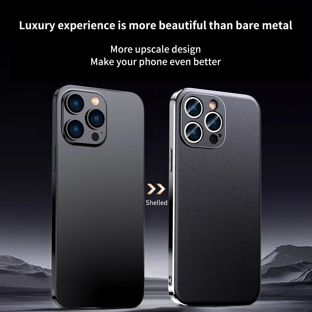Genuine Cowhide Leather Phone Case for iPhone 16 15 11 12 13 14 Pro Max Luxury Plating Shockproof Lens Protection Back Cover