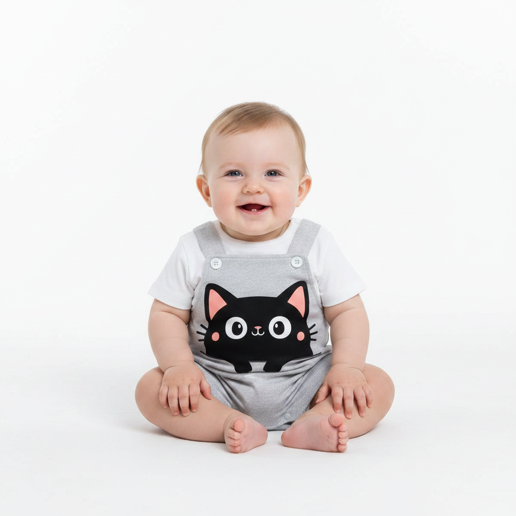 IURNXB Summer Infant Cartoon Black Cat Printed Unisex Romper with Suspenders (0-18M)