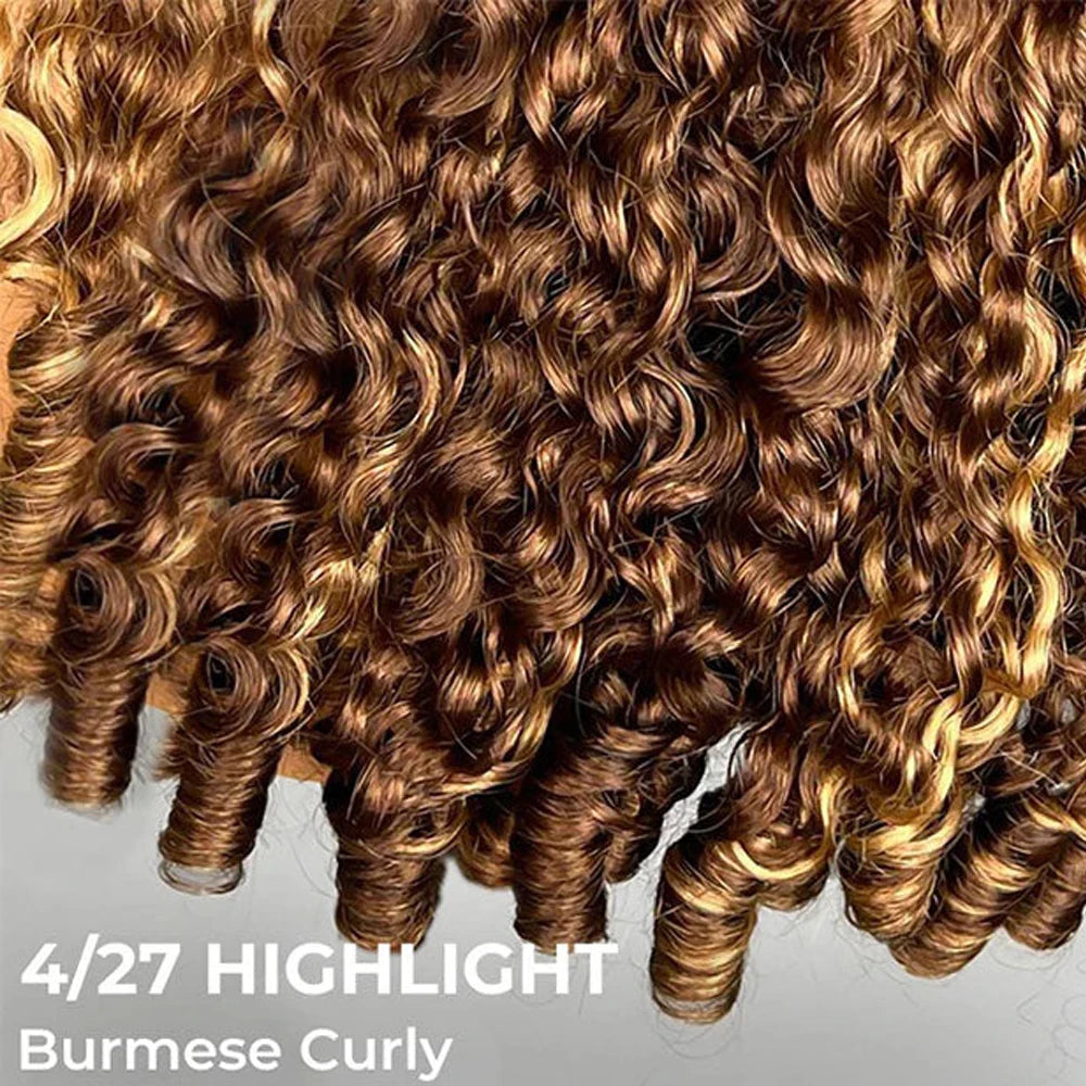 Highlight Burmese Curly Half Wigs Human Hair With Drawstring Colored Glueless 3 IN 1 Half Wigs Flip Over Burmese Curly Half Wigs