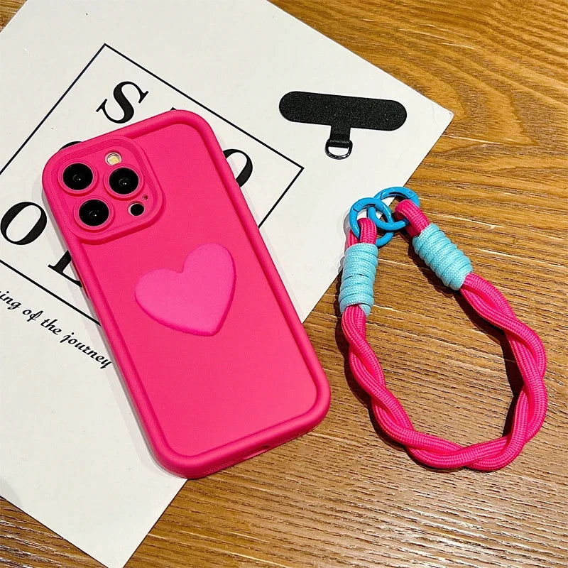 Luxury 3D Love Heart Matte Soft Lanyard Rope Phone Case For iPhone 16 15 14 13 12 11 Pro Max X XS XR 7 8 Plus Shockproof Cover