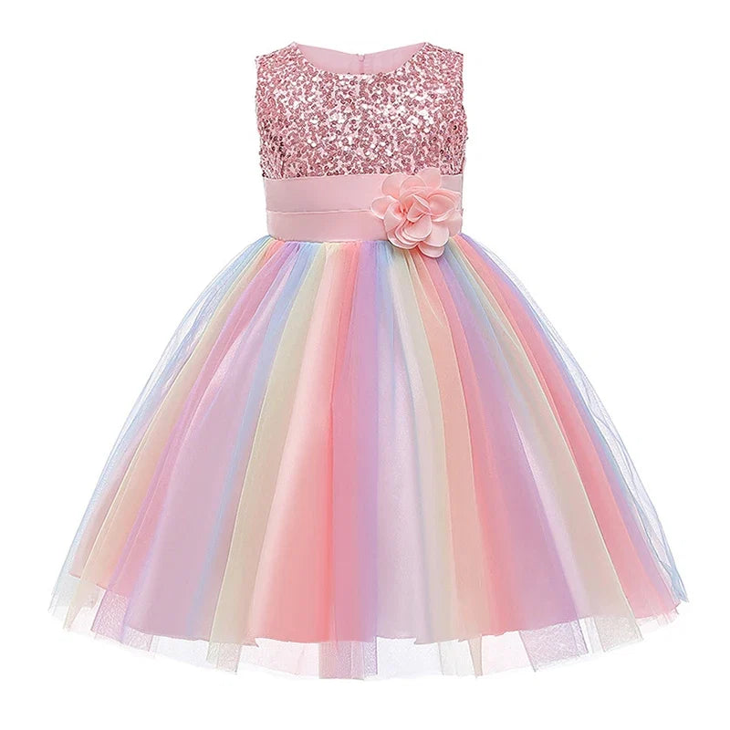 Sequins Girls Dress Summer Flower Fashion Rainbow Mesh Little Princess Dresses