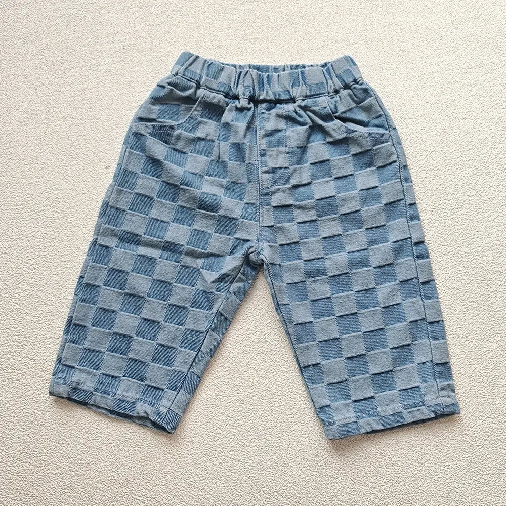 2026 Spring New 1-5Y Children Jeans Boys Denim Pants Mid Waist Girls Trousers Fashion Kids Plaid Pants