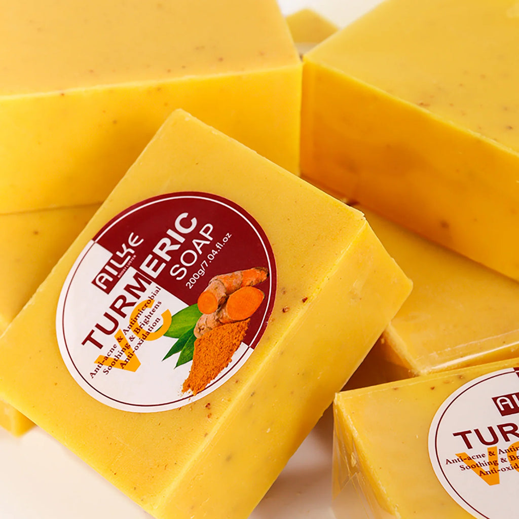 AILKE Natural Turmeric Bath Soap for Face, Body, Hands, Lightening, Cleaning, Even Skin Tone, Anti Dark Spots and Acne, 200g
