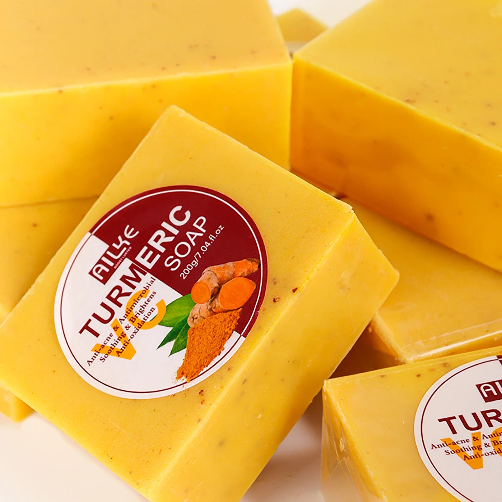 AILKE Natural Turmeric Bath Soap for Face, Body, Hands, Lightening, Cleaning, Even Skin Tone, Anti Dark Spots and Acne, 200g