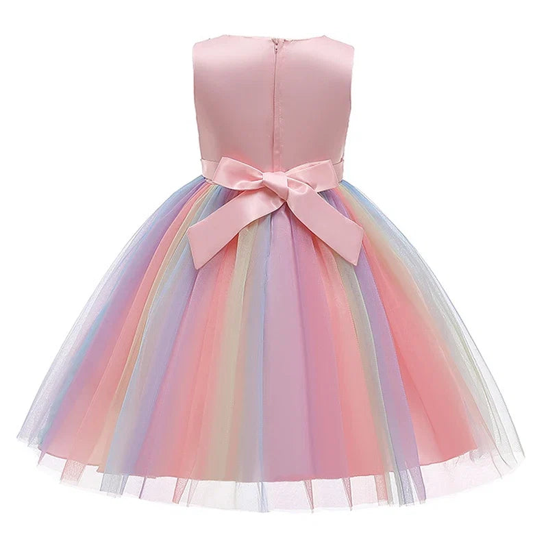 Sequins Girls Dress Summer Flower Fashion Rainbow Mesh Little Princess Dresses