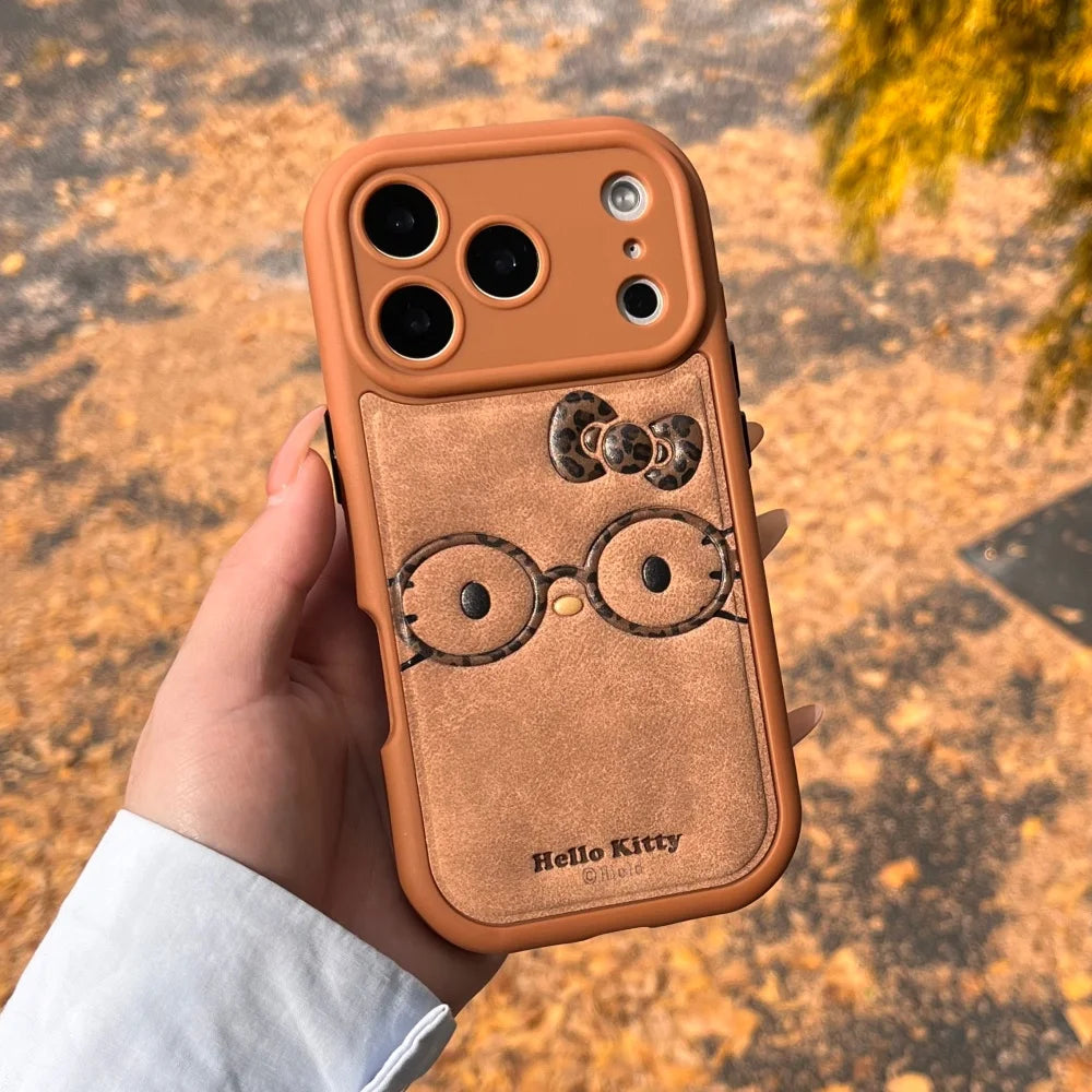 Brown Cute Leather Leopard Print Glasses KT Phone Case Suitable For iPhone 14 Pro 15 16 17 Pro Max Shockproof Protective Case