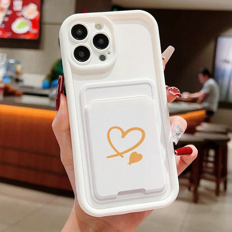 Luxuly Love Heart Insert Card Bag Silicone Soft Phone Case For iPhone 16 15 14 13 12 11 Pro Max XR XS X 7 8 Plus SE 2020 Cover