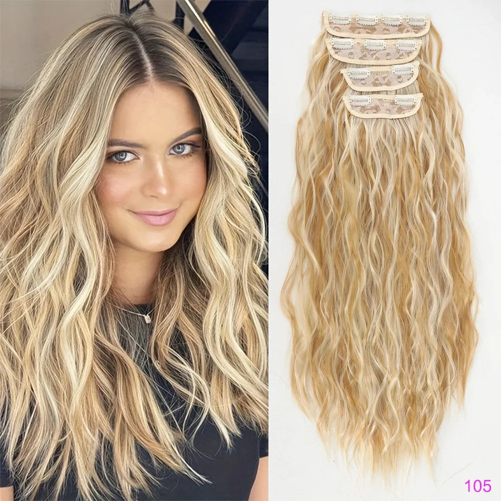 Voluminous Brown-Blonde Clip-In Extensions: 60.96 cm Wavy & Curly Synthetic Hair Set