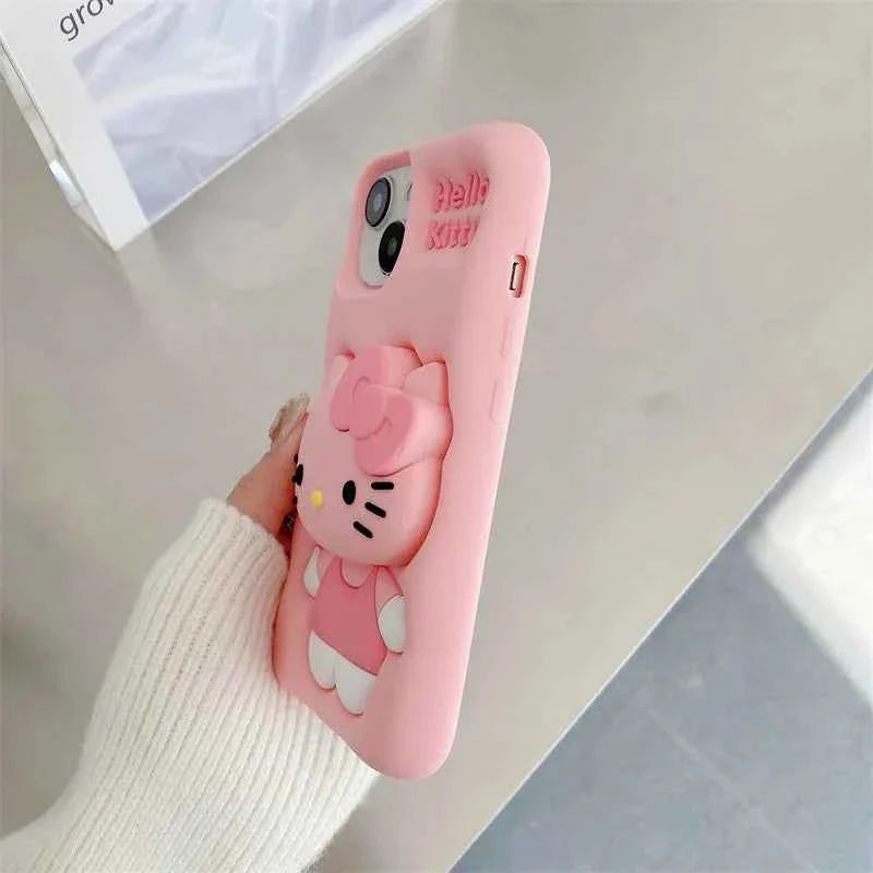 Cute Hello Kitty Phone Case For iPhone 17 16 15 14 13 12 11 Pro Max Plus 17Pro Head Grip Tok Holder Silicone Cartoon Phone Cases