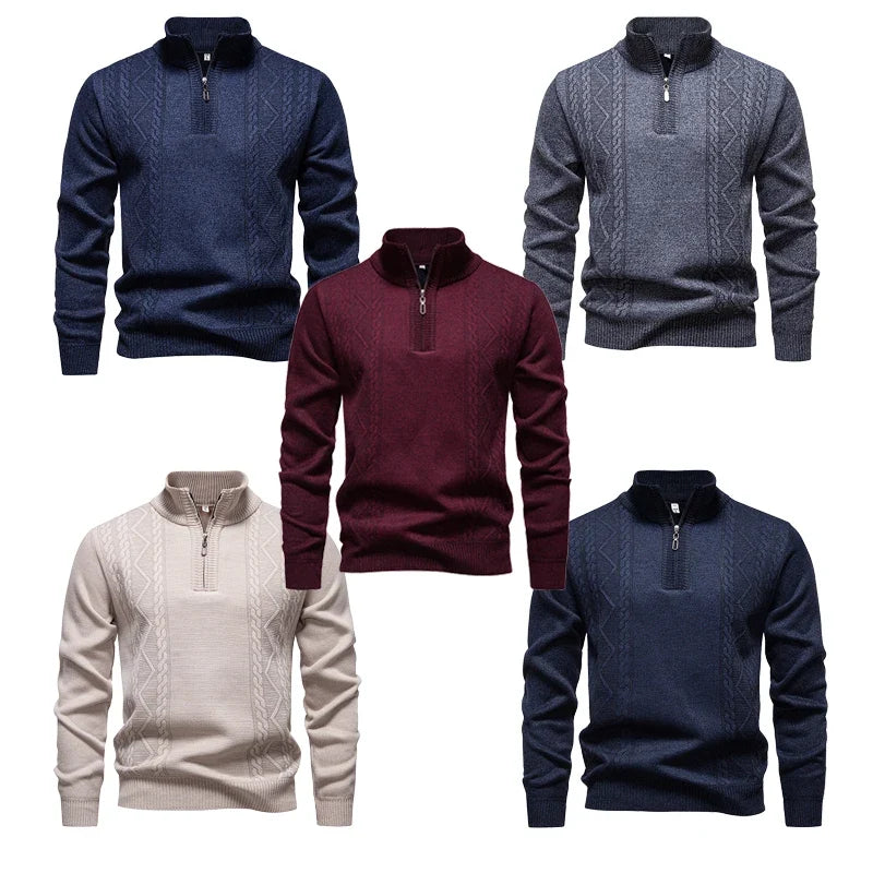 Winter Fleece-Lined Stand Collar Half-Zip Pullover Knitted Sweater for Men,Multi-Color Versatile Casual  Men's Knit Sweater