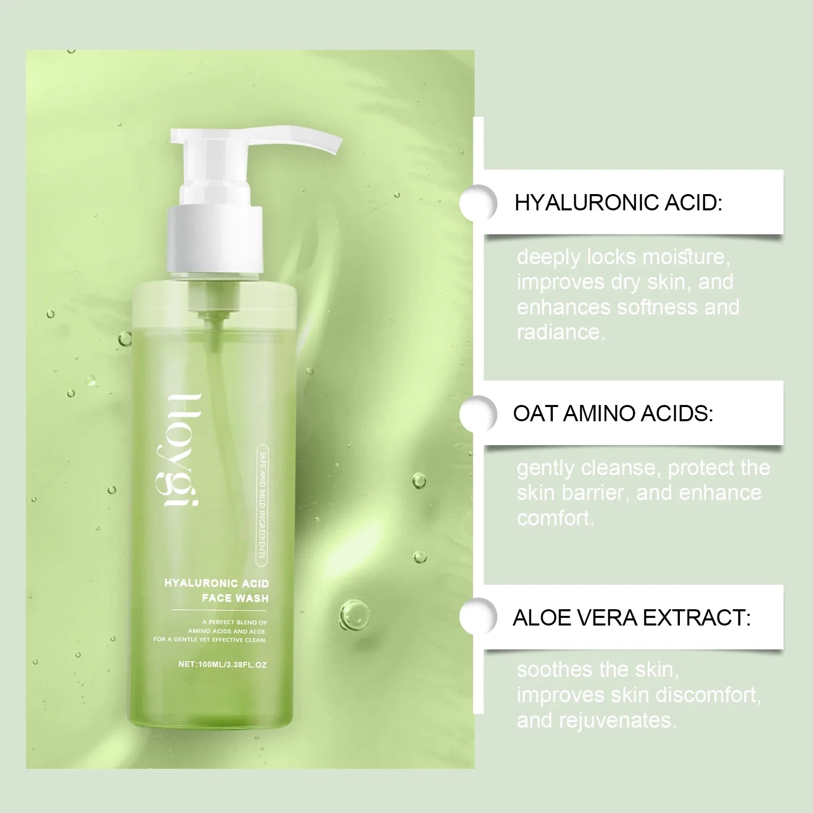 HOYGI Hyaluronic Acid Cleanser Anti Acne Oil Control Blackhead Remover Skin Cleansing Gel Brightening Pore Cleaning Face Wash