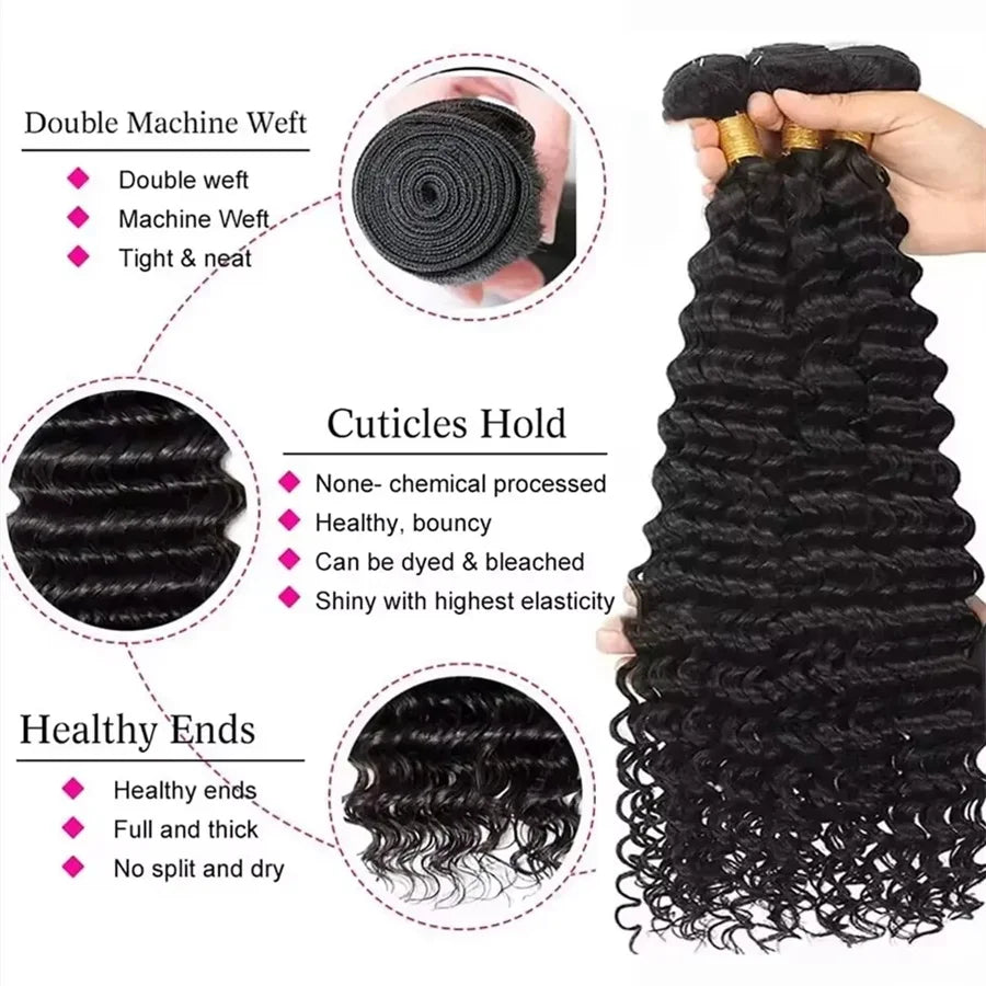 Deep Wave Raw Bundles Human Hair Brazilian Virgin Hair Weave Bundles 3/4Pcs Double Weft Natural Black 14-32 Inch Bundles Human Hair Extensions