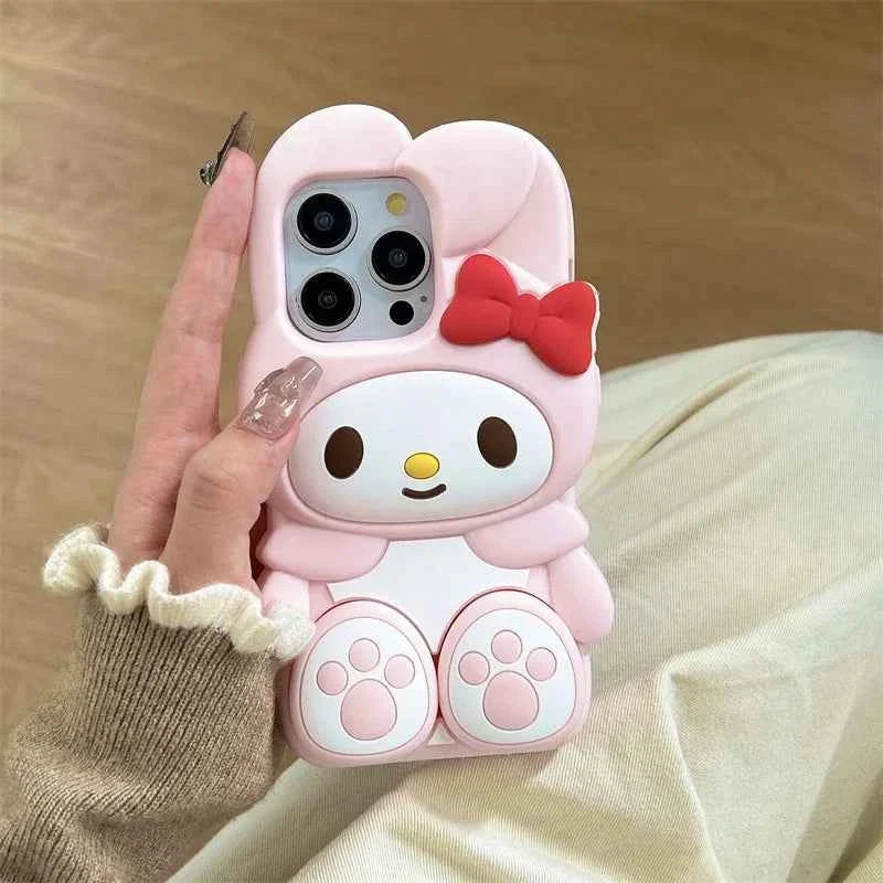 Cute 3D Cartoon Stand Holder Silicone Phone Case For iPhone 16 15 14 13 12 Pro Max Plus Soft Cover