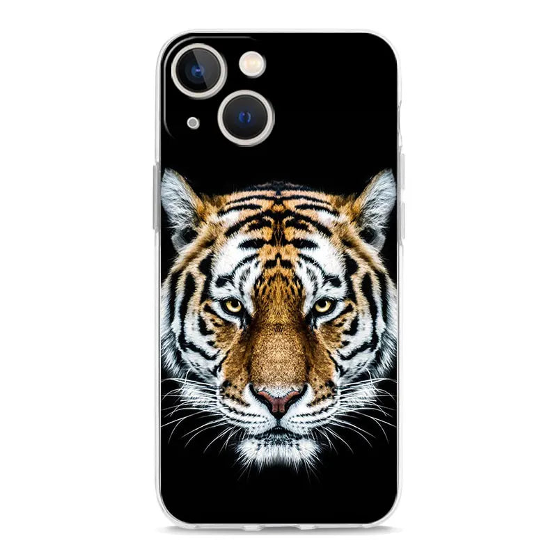 Luxury Transparent Phone Case For iPhone 15 14 13 12 11 Pro Max XS X XR 7 8 Plus Clear Cover Black Cheetah Tiger Lion Animals