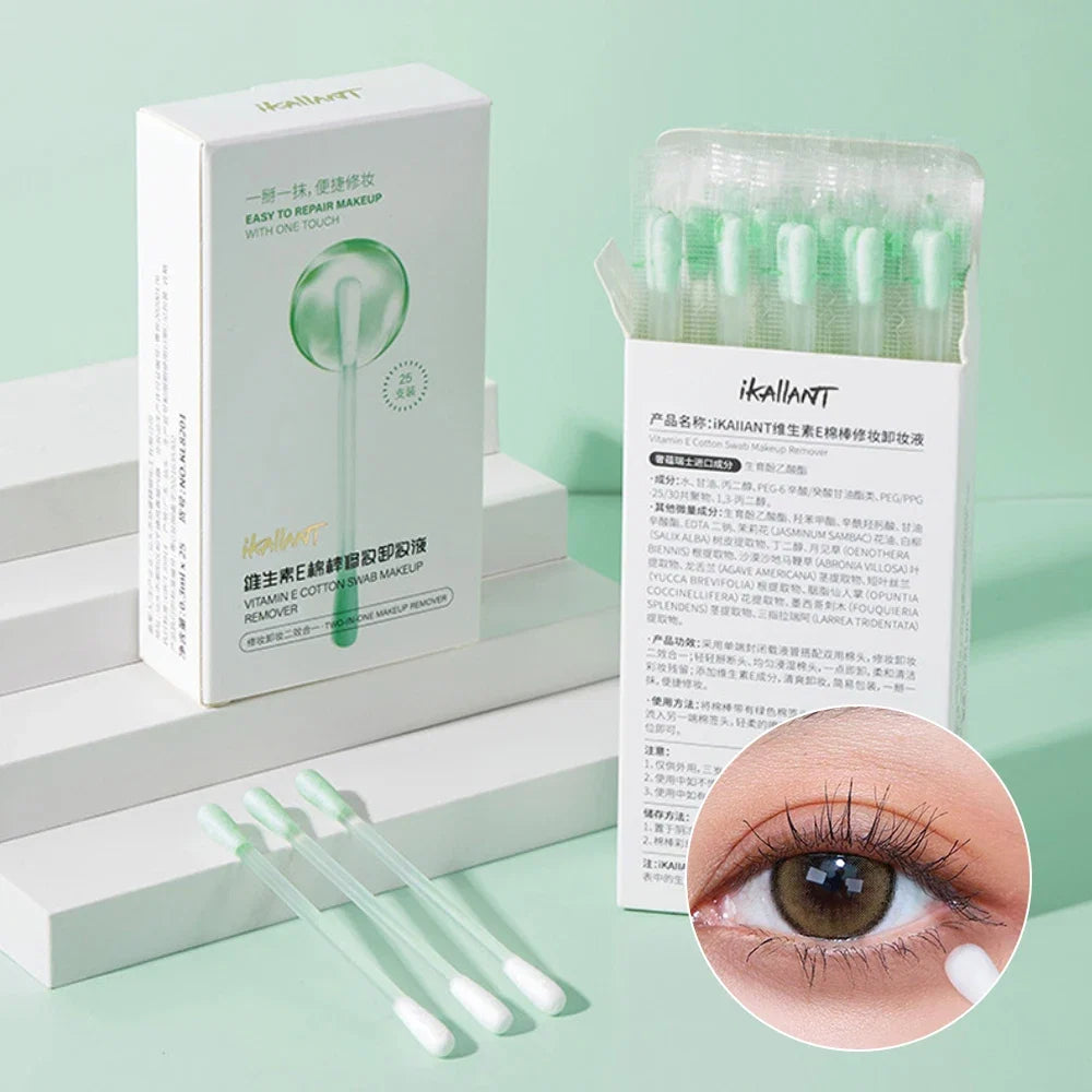ikAllANT Makeup Remover Cotton Swabs - 25 pieces-Pre-soaked with Cleansing Liquid, Foldable for Instant Use, Beauty Cleaning,