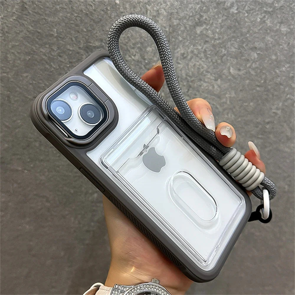 Acrylic Card Holder Fold Camera Bracket Clear Case for iPhone 16 15 14 13 12 11 Pro Max Plus Wrist Hand Strap Shockproof Cover