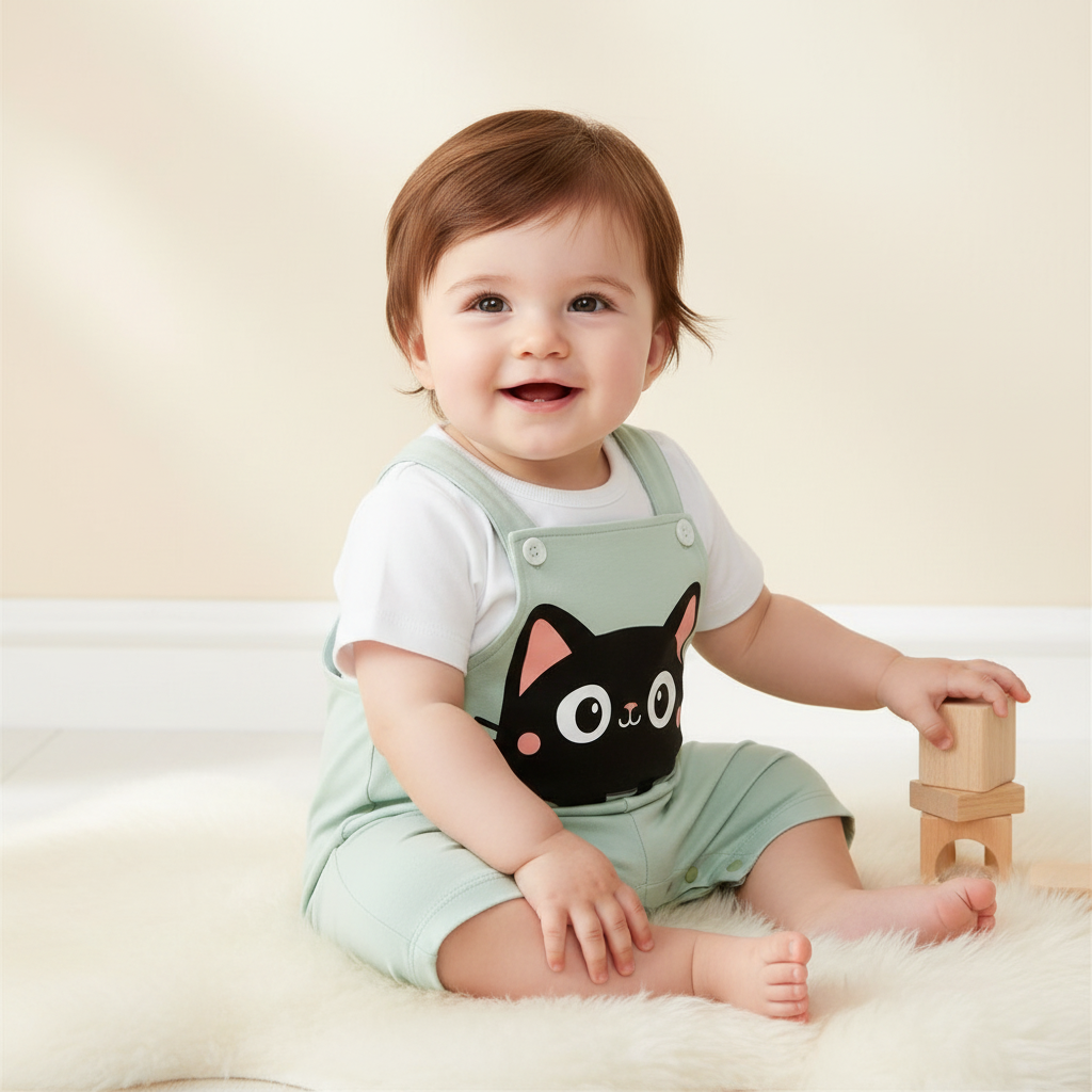 IURNXB Summer Infant Cartoon Black Cat Printed Unisex Romper with Suspenders (0-18M)