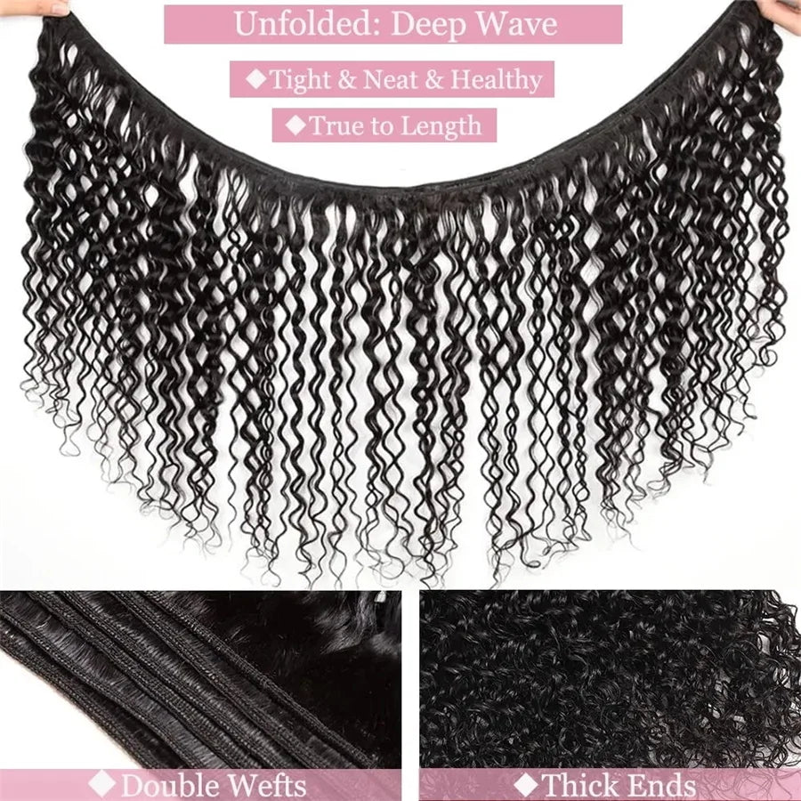 Deep Wave Raw Bundles Human Hair Brazilian Virgin Hair Weave Bundles 3/4Pcs Double Weft Natural Black 14-32 Inch Bundles Human Hair Extensions