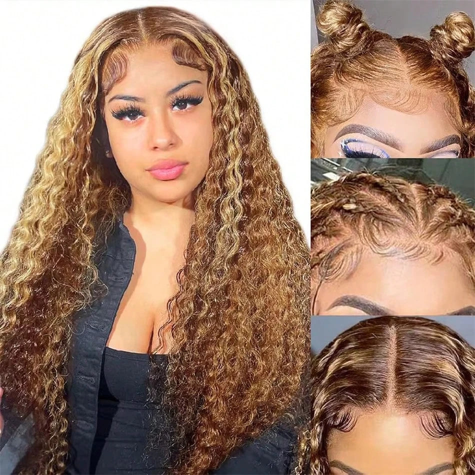 28 30Inch Highlight Wig Human Hair Honey Blonde Brown Lace Front Wigs Deep Curly Human Hair Wig Wave 13x4 Lace Frontal Wigs 200