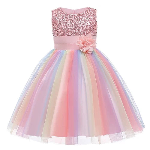 Sequins Girls Dress Summer Flower Fashion Rainbow Mesh Little Princess Dresses