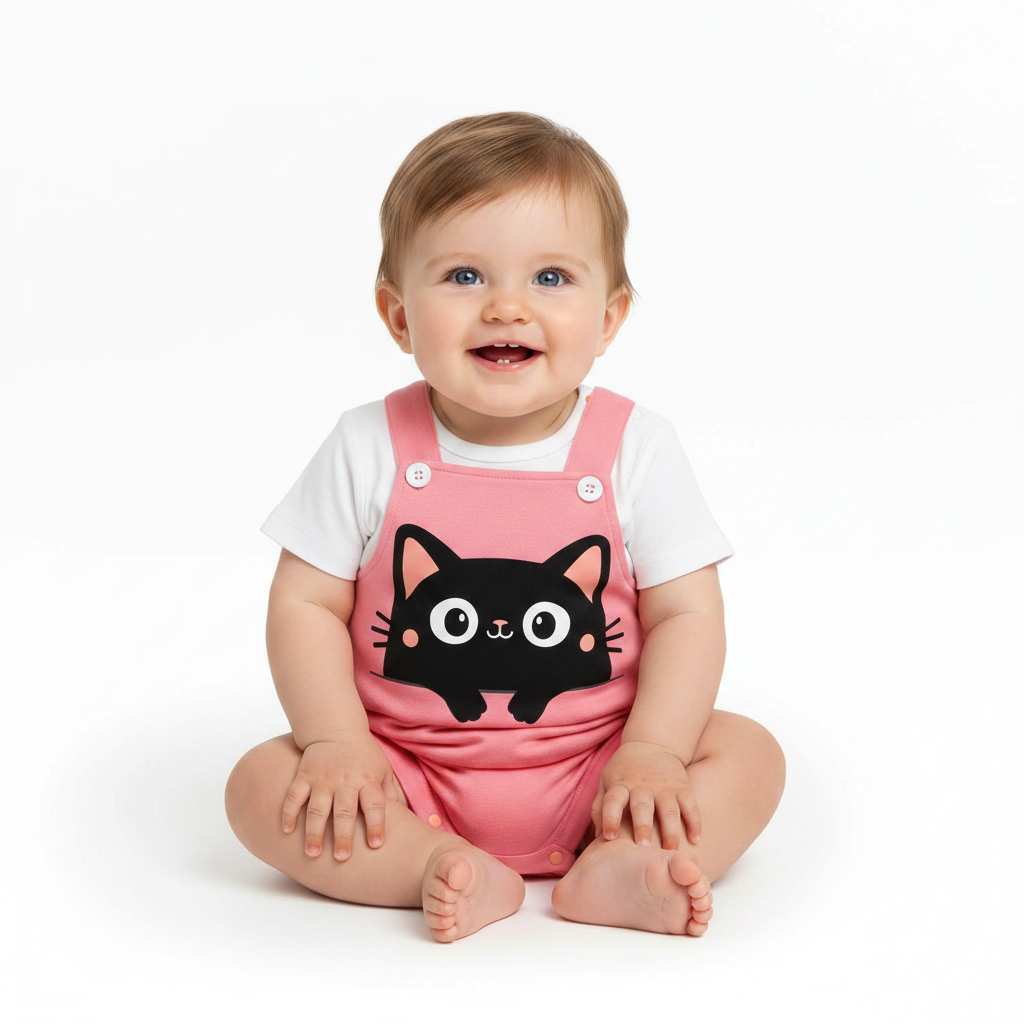 IURNXB Summer Infant Cartoon Black Cat Printed Unisex Romper with Suspenders (0-18M)