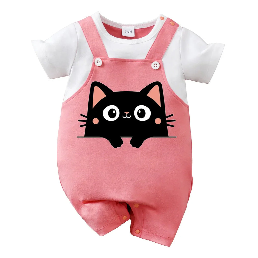 IURNXB Summer Infant Cartoon Black Cat Printed Unisex Romper with Suspenders (0-18M)