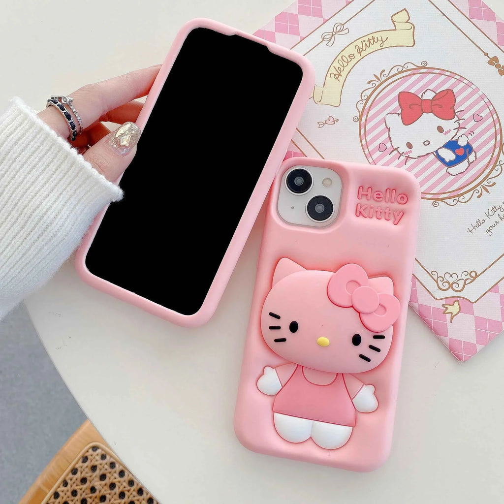 Cute Hello Kitty Phone Case For iPhone 17 16 15 14 13 12 11 Pro Max Plus 17Pro Head Grip Tok Holder Silicone Cartoon Phone Cases
