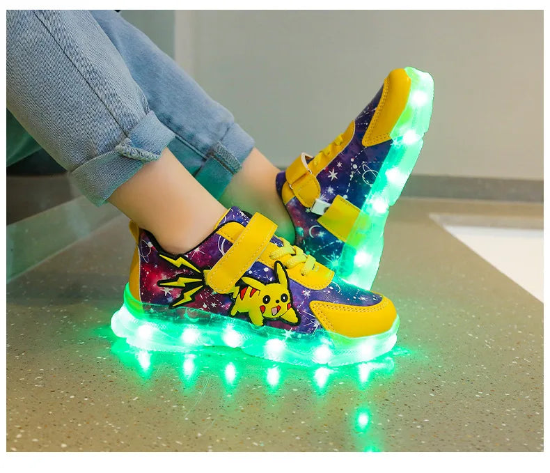 Kid’s Casual Shoes Boys Rechargeable Cartoon PU Leather Spring Fashion Flat Bottom Anti-slip Sneakers Yellow Size 25-36