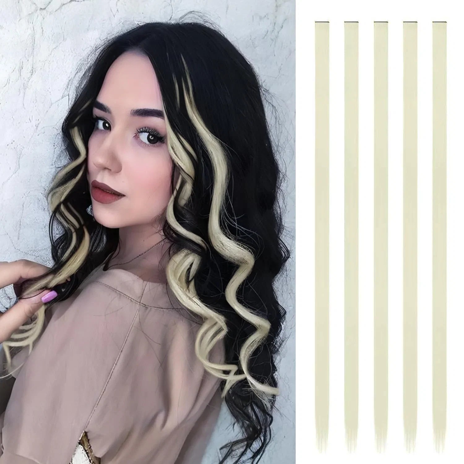 Synthetic 5PCS Colorful Hair Extensions Party Highlights Colorful Clip in Hair Extensions Straight Hairpieces for Women Girls